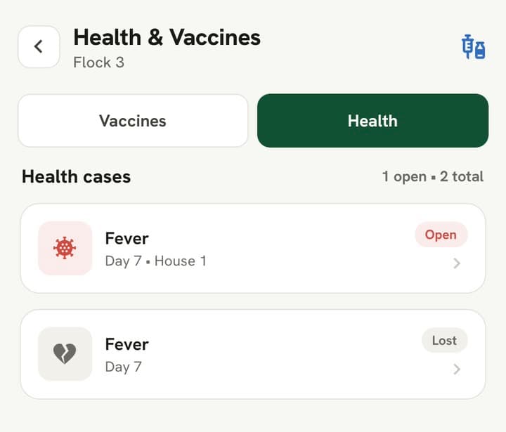 Health cases: ek "Fever" case Day 7 House 1 par khula hua, aur ek band case