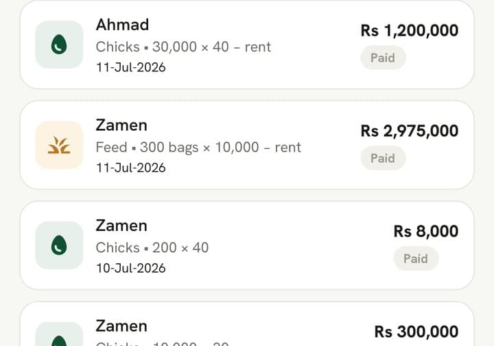 Buy list ki entries: “Feed • 300 bags × 10,000 − rent” Rs 2,975,000, Paid, aur chicks ki entries