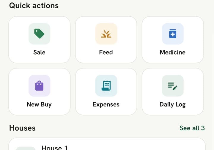App ke Quick actions: Sale, Feed, Medicine, New Buy, Expenses aur Daily Log