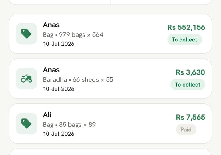 Sales list ki slips: bag aur baradha ki sales, "To collect" aur "Paid" ke saath