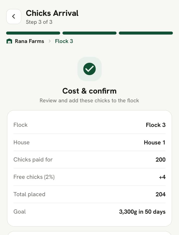 Chicks Arrival step 3: Flock 3, House 1, chicks paid for 200, free chicks (2%) +4, total placed 204, goal 3,300g in 50 days