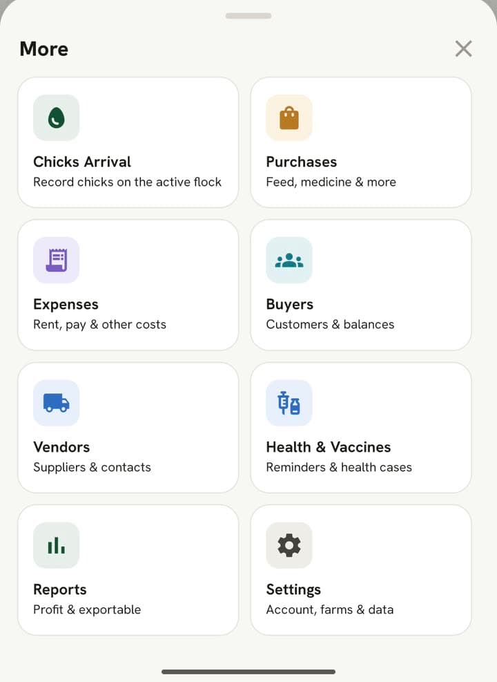 App ka More menu: Chicks Arrival, Purchases, Expenses, Buyers, Vendors, Health & Vaccines, Reports aur Settings